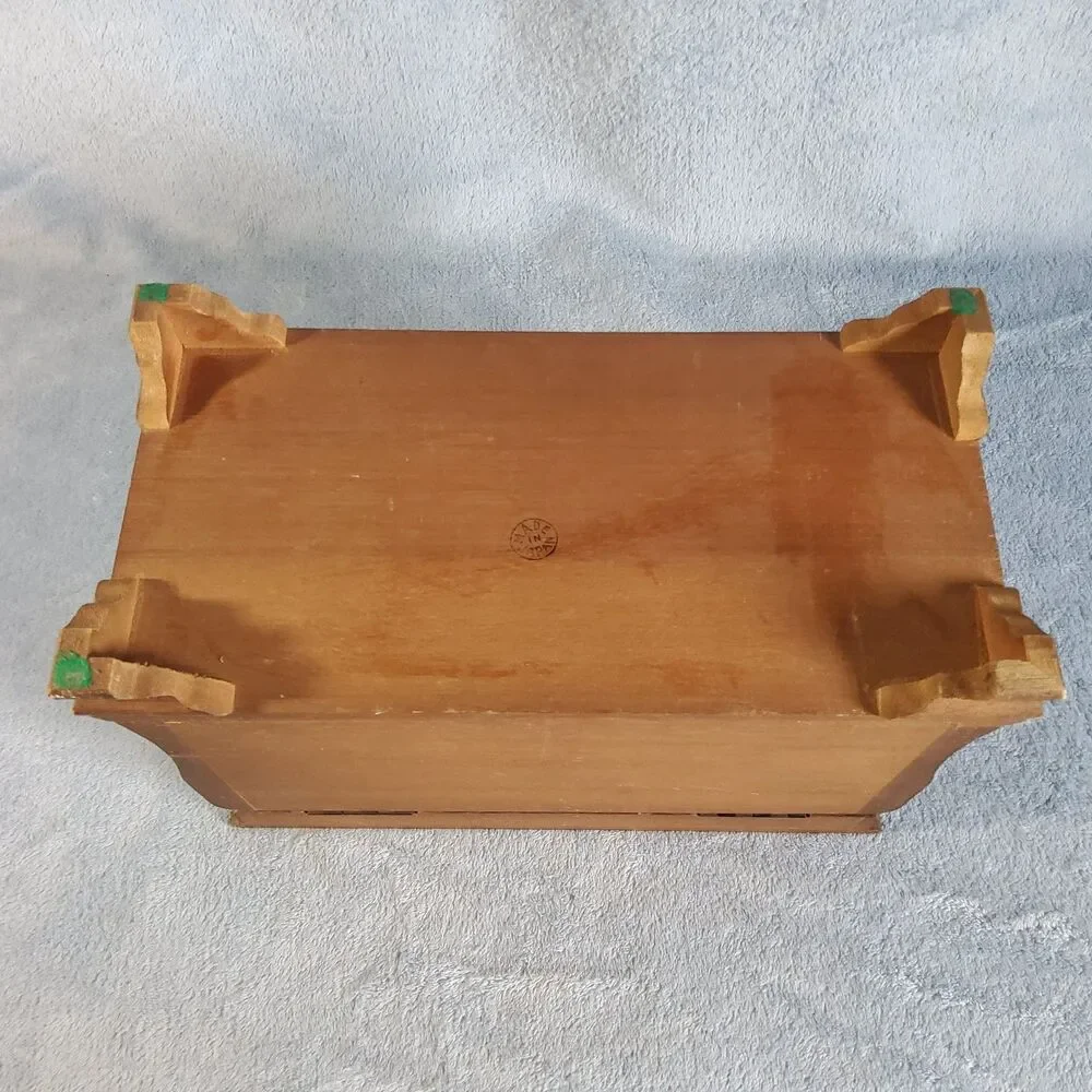 Vintage Wooden Jewelry Armoire Chest Storage Box Red Velvet Lining Made in Japan